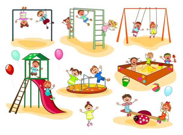 Happy kids play on the playground. Joyful little children. A group of happy, smiling children. - Vector, Image