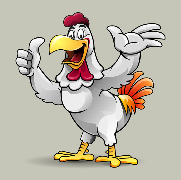 Vector εικονογράφηση, χαριτωμένο κοτόπουλο δείχνει τους αντίχειρες επάνω για τηγανητό κοτόπουλο εστιατόριο. - Διάνυσμα, εικόνα