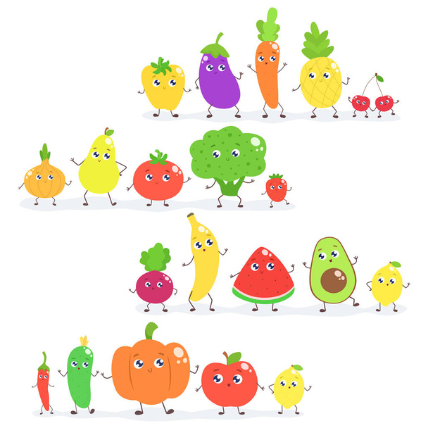 Σύνολο χαριτωμένο κινούμενα φρούτα και λαχανικά. Επίπεδη εικονογράφηση διάνυσμα. - Διάνυσμα, εικόνα