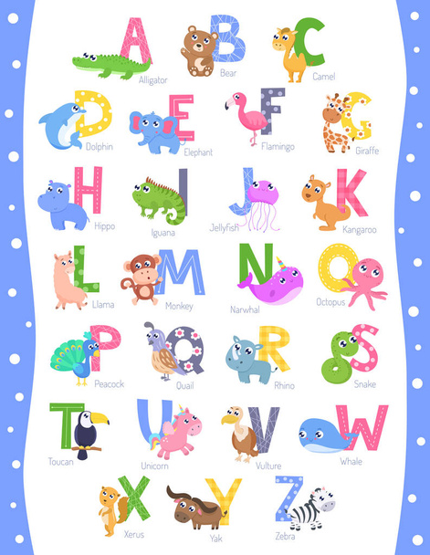 Cute animal alphabet A-Z vector illustration. - Vector, Image