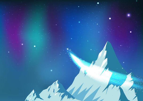 Estrellas scatter, cometa viajando por el cielo nocturno con aurora, fantasía astronomía constelación hielo montañas paisaje ártico concepto abstracto fondo vector ilustración
 - Vector, imagen
