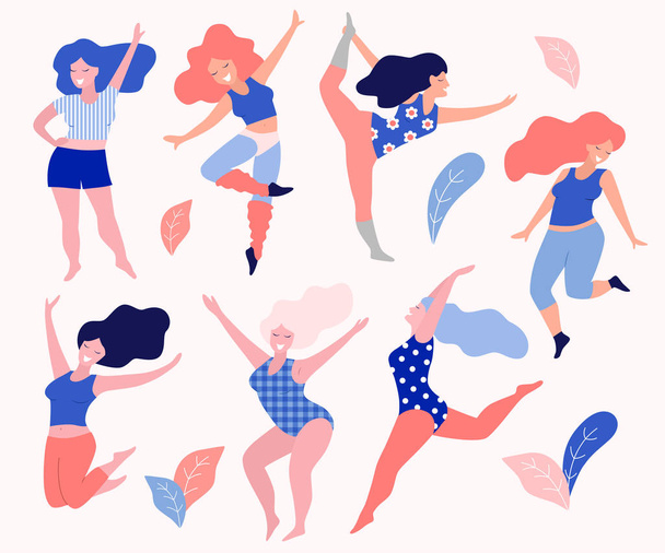 Happy beautiful active plus size girls vector flat  illustration. Body positive concept. - Vector, Image