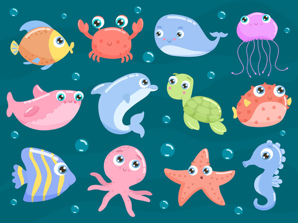 Cute sea animals set vector illustration - Vektor, Bild
