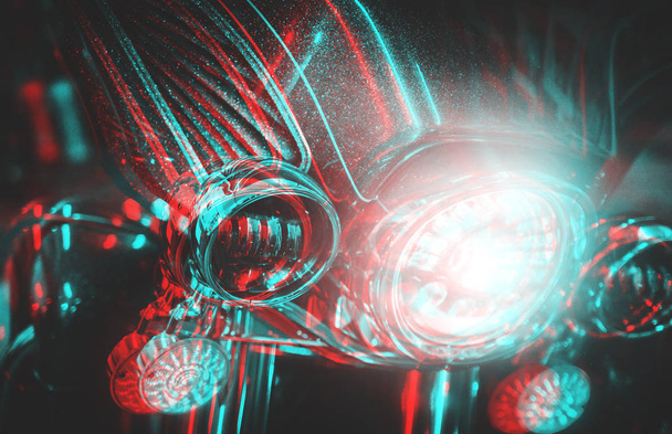 Motorkerékpár a fényszóró. Anaglif 3d hatás készült fénykép. - Fotó, kép