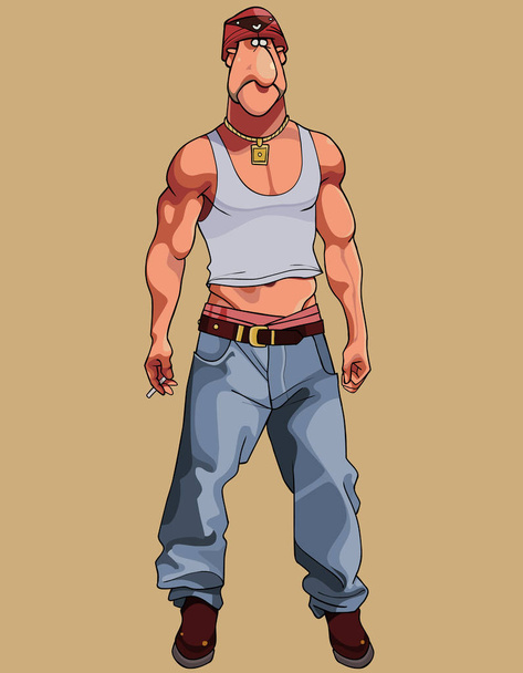 cartoon muscular macho man in wide pants and short T-shirt - Вектор,изображение
