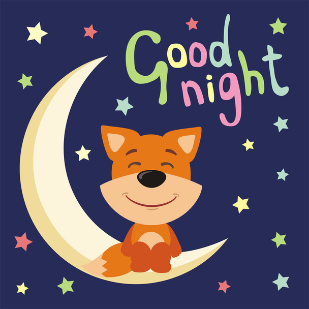 Funny fox in cartoon style sitting on moon with stars and text good night   - Вектор, зображення