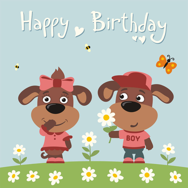 greeting card with cute funny cartoon characters of funny dog boy giving flower to dog girl on meadow and text Happy birthday - Vektör, Görsel
