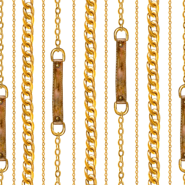 Golden chain, belt glamour seamless pattern. Watercolor hand drawn fashion texture with different golden chains and leather belts on white background. Print for textile, fabric, wallpaper, wrapping. - Foto, Imagem