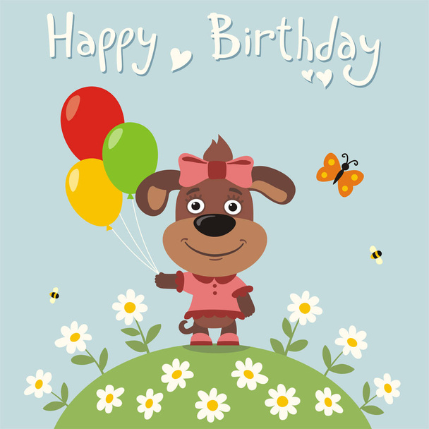 greeting card with cute funny cartoon character of doggy girl with balloons on meadow and text Happy birthday  - Вектор,изображение