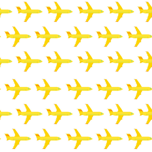 飛行機のシームレスなパターン。ホワイト バック グラウンド テクスチャ上の黄色の要素。空の旅. - ベクター画像