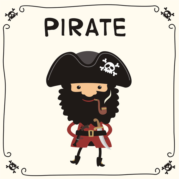 cute funny cartoon character of pirate with black beard in hat smoking pipe - Vetor, Imagem