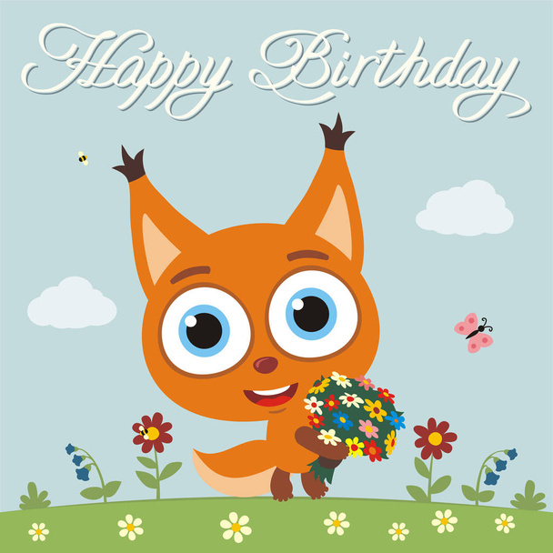 greeting card with cute funny cartoon character of squirrel with big eyes holding flower bouquet on meadow and text Happy birthday - Vector, Image