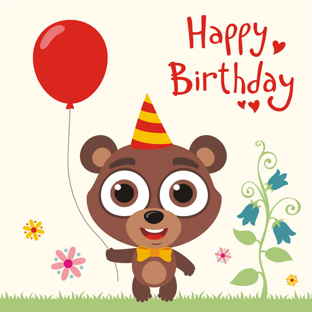 greeting card with cute funny cartoon character of bear with big eyes holding balloon on meadow and text Happy birthday - ベクター画像