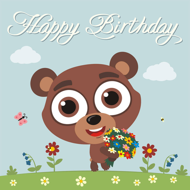 greeting card with cute funny cartoon character of bear with big eyes holding flower bouquet on meadow and text Happy birthday - Vektor, obrázek