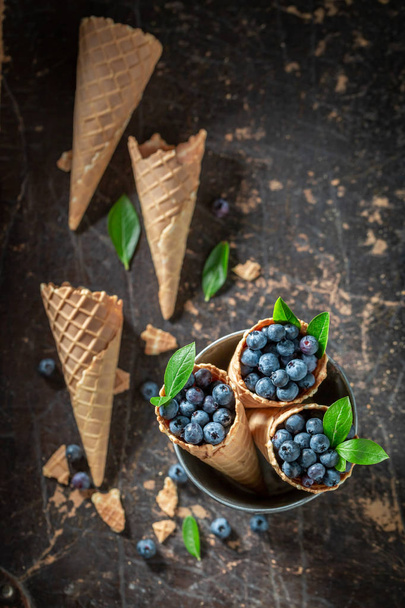 Yummy blueberries in waffels as a symbol of ice cream - Fotoğraf, Görsel