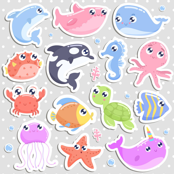 Schattige cartoon zee dieren stickers. Platte ontwerp - Vector, afbeelding