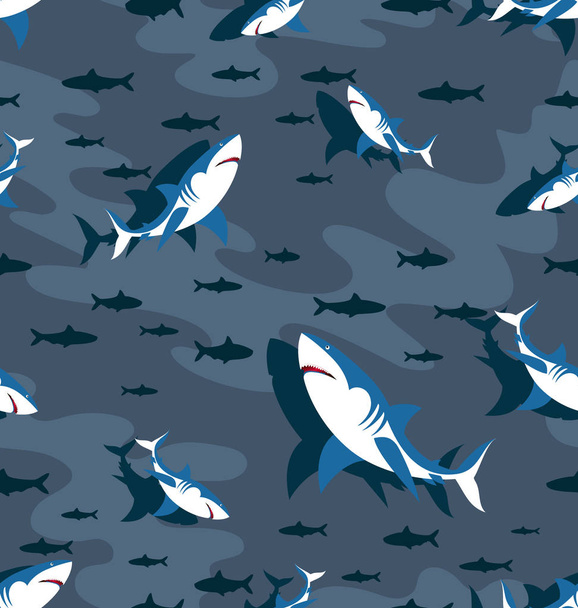 Flock van stoeien haaien en vis beslagen. Naadloze patterns ontwerp voor textiel, thema achtergrond site, duikclub en duiken. - Vector, afbeelding