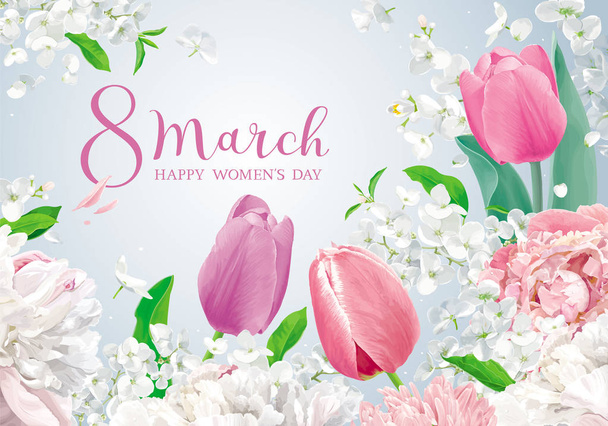 Flowers for 8 March. Vector greeting card in watercolor style with lettering design for 8 March, wedding, Valentine's Day,  Mother's Day, sales and other seasonal events. - Wektor, obraz