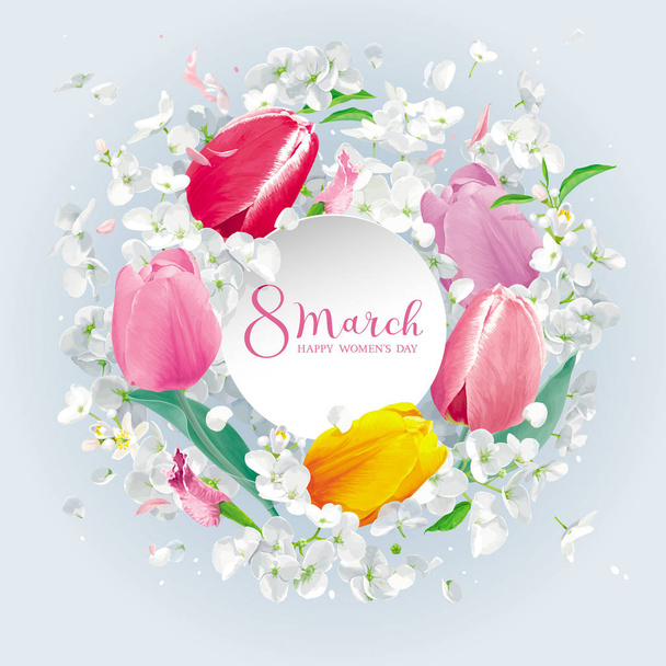 Tulips and Apple blossom for 8 March. Flower vector greeting card in watercolor style with lettering design and round paper label - Wektor, obraz