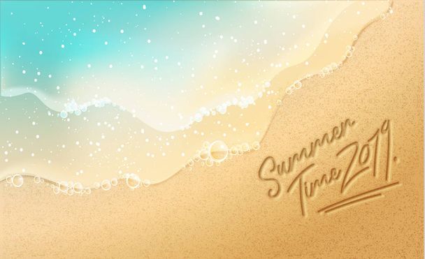 Summer time banner. New trendy realistic sand and sea texture. Season vocation, weekend, holiday logo. Summer Time Wallpaper. Happy shiny Day. Vector Lettering. Fashionable styling. Traveling poster. - Vektor, obrázek