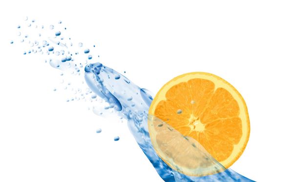 Fris oranje met water splash geïsoleerd op een witte achtergrond. Label ontwerpsjabloon. 3D-vectorillustratie. - Vector, afbeelding