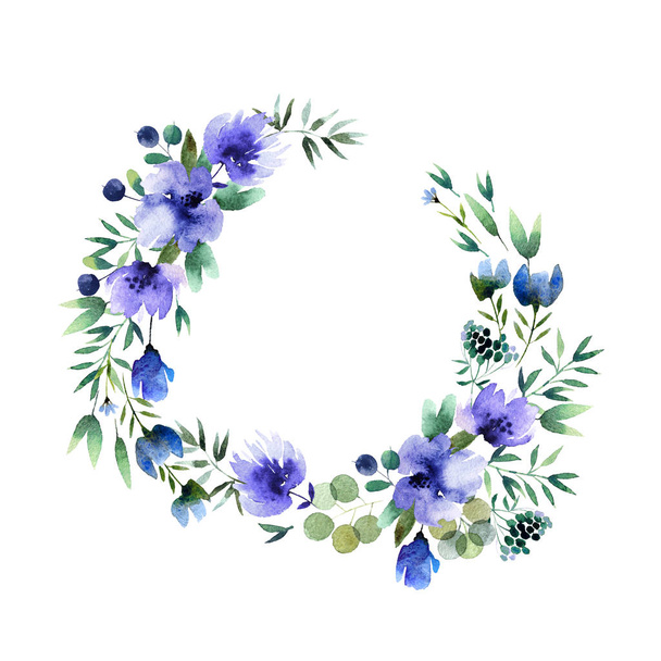 Beautiful watercolor wreath isolated on white background. Round floral watercolor wreath for design, postcards, banners, emblems, logo. - Foto, Bild