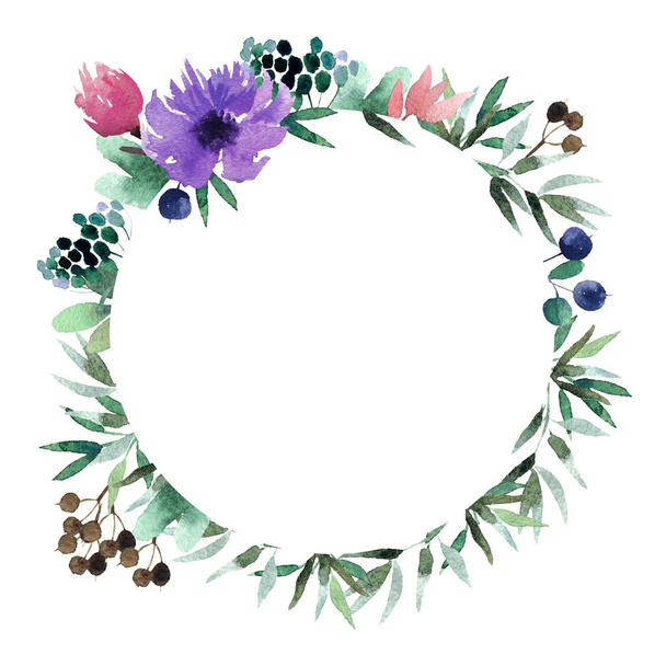 Beautiful watercolor wreath isolated on white background. Round floral watercolor wreath for design, postcards, banners, emblems, logo. - Foto, Imagem