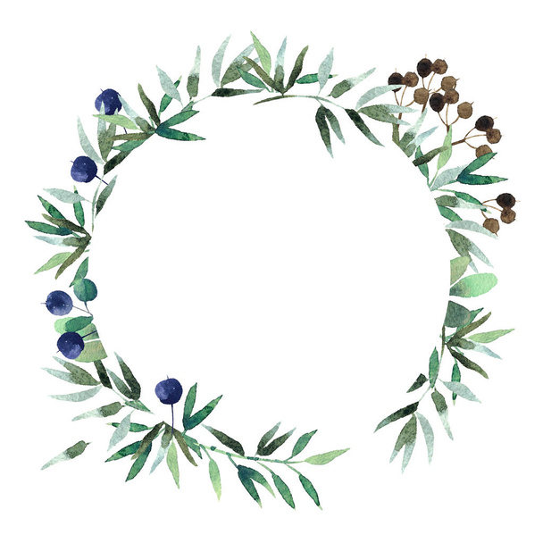Beautiful watercolor wreath isolated on white background. Round floral watercolor wreath for design, postcards, banners, emblems, logo. - Fotoğraf, Görsel