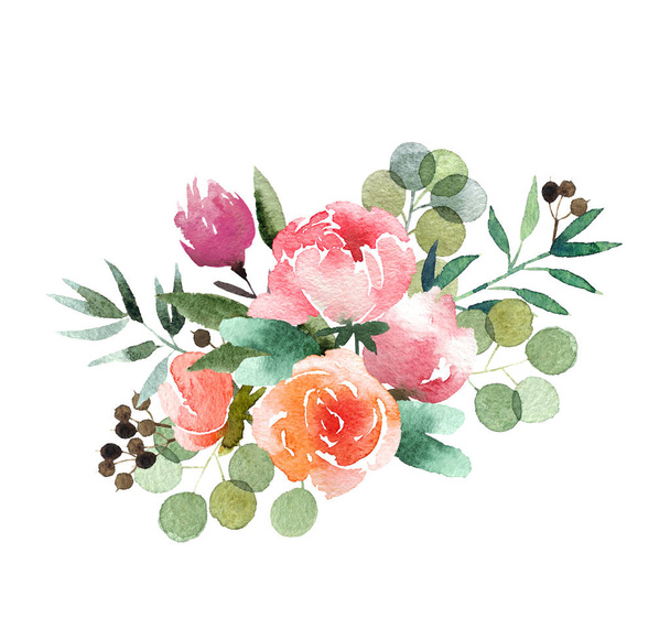 Beautiful watercolor bouquet isolated on white background. Floral watercolor bouquet for design, postcards, banners, emblems, logo. - Фото, зображення