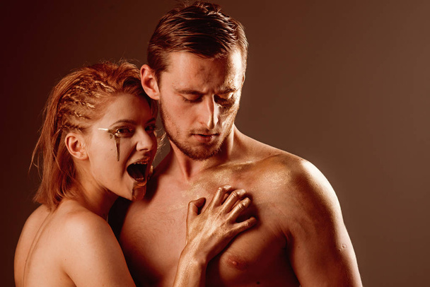 passion concept. passion couple of sensual giwl touch hcest of muscular man. - Fotoğraf, Görsel