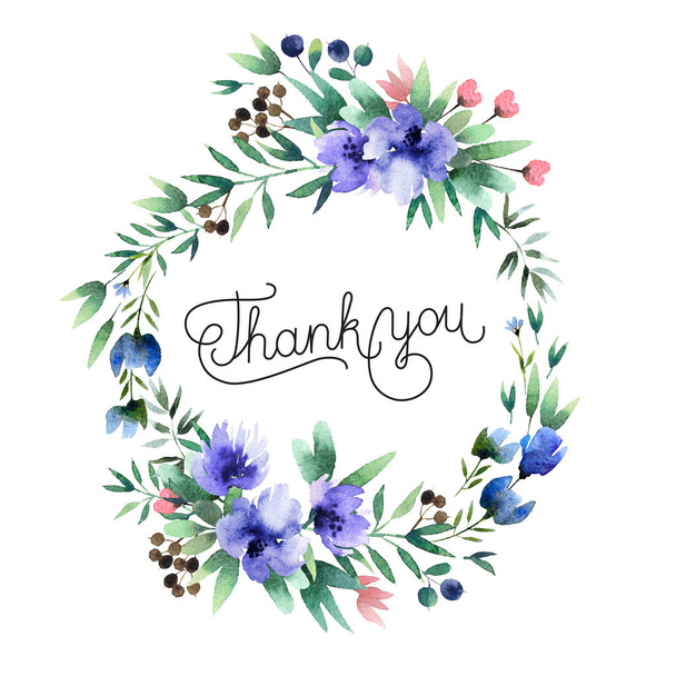 Beautiful watercolor wreath with inscription Thank you isolated on white background. Round floral watercolor wreath for design, postcards, banners, emblems, logo. - 写真・画像