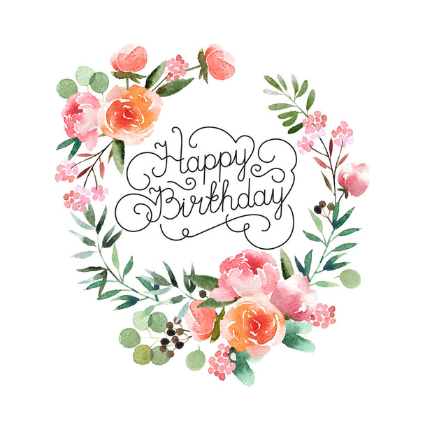 Beautiful watercolor wreath with inscription Happy Birthday isolated on white background. Round floral watercolor wreath for design, postcards, banners, emblems, logo. - Foto, afbeelding