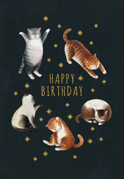 Tarjeta postal de felicitación con juego de gatos. Conjunto de gatos acuarela, estrellas de brillo dorado aisladas sobre fondo verde. Listo para imprimir la postal
.  - Foto, Imagen