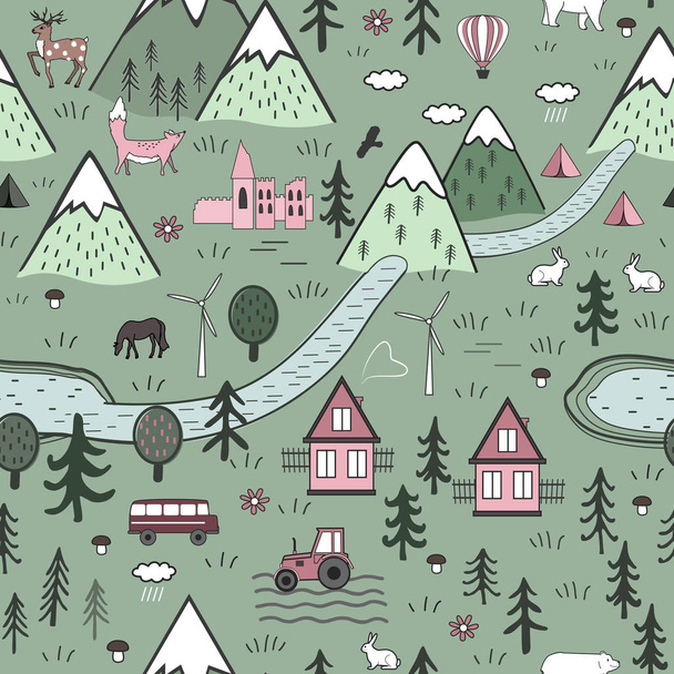 Cute Hand Drawn Scandinavian Vector Seamless pattern with houses, animals, trees, old castle and mountains. Nordic nature landscape concept. Perfect for kids fabric, textile, wallpaper, or door mat - Vetor, Imagem