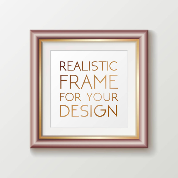 Realistic square gold frame template, frame on the wall mockup with decorative borders - Vector, Image