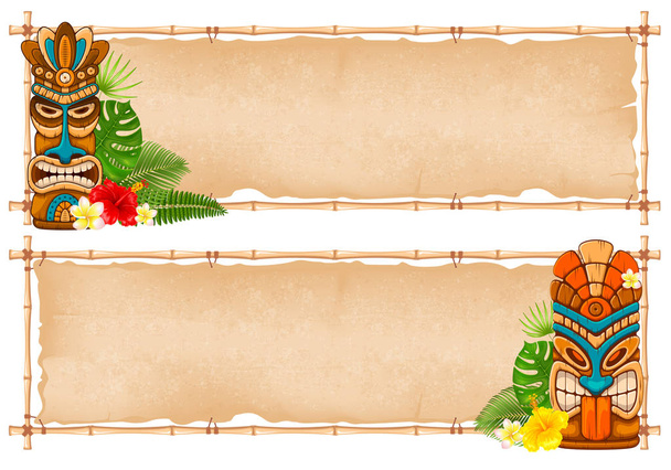 Letní tropické bambusové konstrukce s integrovaným Tiki mask, exotické listy a květy. Vektorové ilustrace. Izolované na bílém pozadí. - Vektor, obrázek