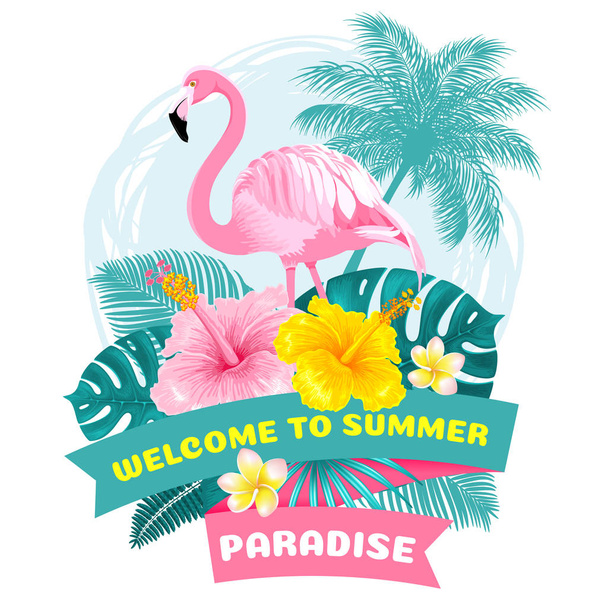 Zomer tropische Welkom labelontwerp met roze flamingo, exotische bladeren en bloemen. Cartoon vectorillustratie.  - Vector, afbeelding