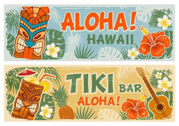 水平方向のバナーは、ビンテージ スタイルの Tiki マスクその他のハワイアンの異なる記号に設定します。ハワイアンの夏のパーティー。ティキバー看板。ベクトル図. - ベクター画像