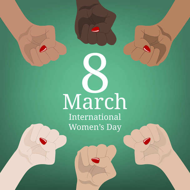 International Women's Day Banner. Women's March. Multinational Equality. Female hand with her fist raised up. Girl Power. Feminism concept. Vector illustration for Your Design. - Vector, Image