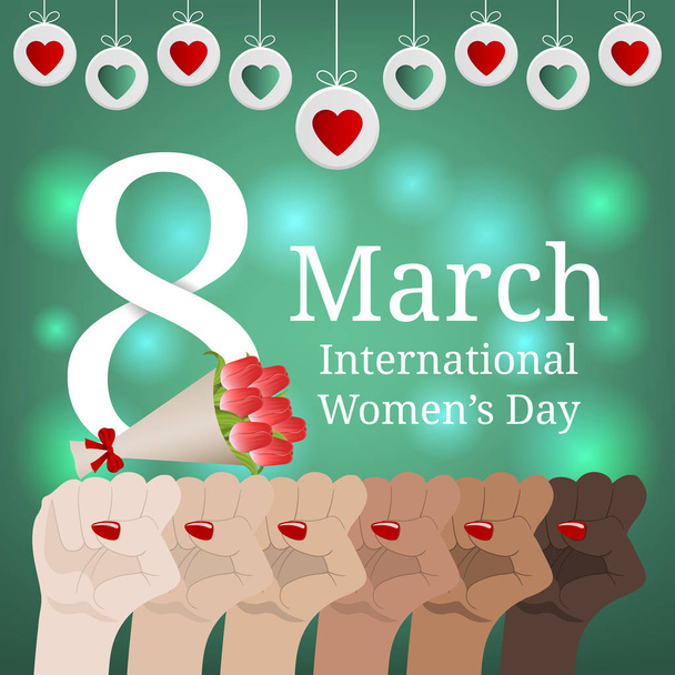 International Women's Day Greeting Card, Banner. Women's March. Multinational Equality. Female hand with her fist raised up. Girl Power. Feminism concept. Vector illustration for Your Design. - Vector, Image