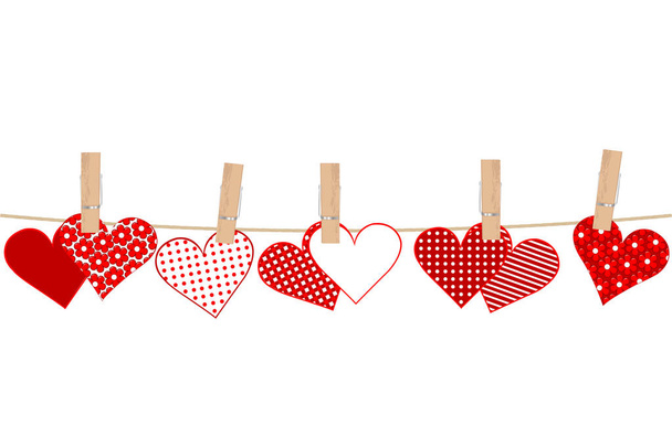 Valentin-nap koncepció szívvel és ruhaakasztók kötélen  - Vektor, kép
