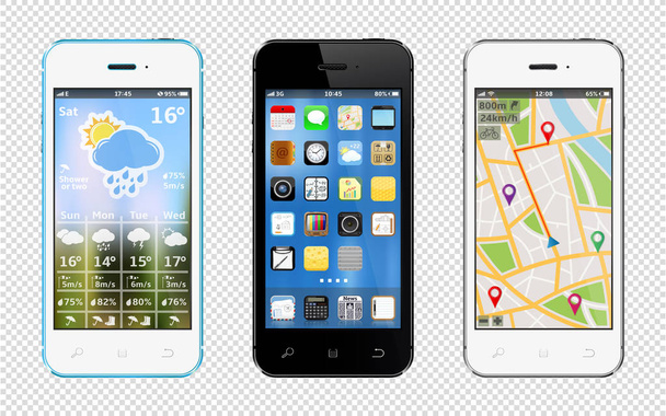 Smart phones with apps icons, weather and GPS navigation widgets isolated on transparent background - Vektor, Bild