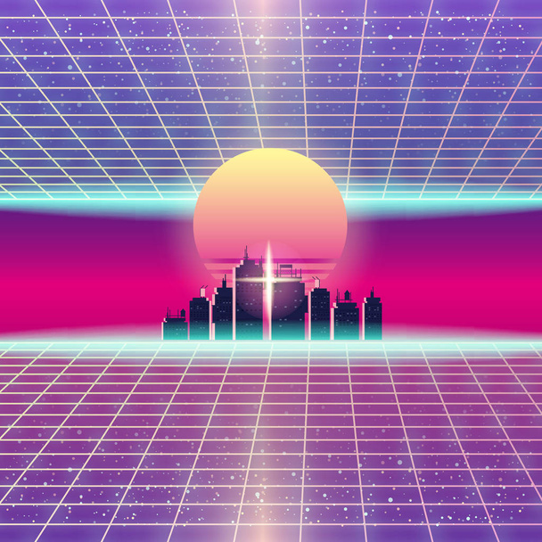 Synthwave Retro futuristické krajiny s městem, slunce, hvězdy a stylizovaný Laser mřížky. Neon Retrowave Design a prvky Sci-fi 80s 90s prostor. Vektorové ilustrace šablony izolované pozadí - Vektor, obrázek