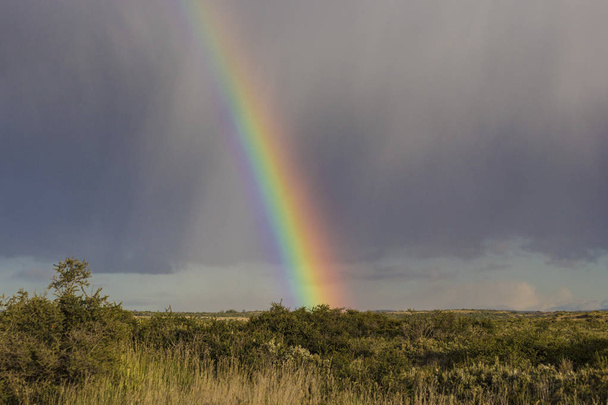 Colorido y brillante arco iris sobre el pueblo en la región Patagonia, Chile. Hermoso arco iris después de la lluvia
. - Foto, imagen