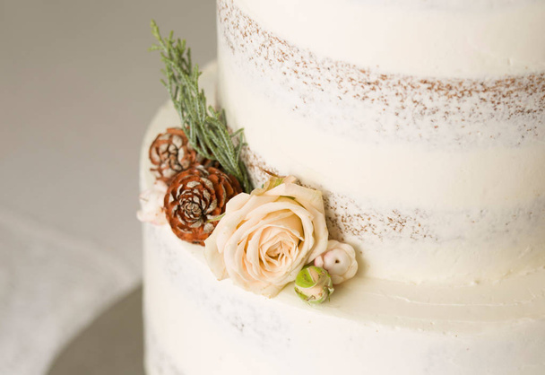 Closeup picture about a detail of white wedding cake with ornaments - Fotoğraf, Görsel