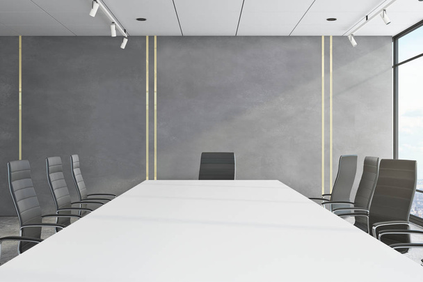 Bright meeting room interior with empty copyspace on concrete wall, panoramic city view, daylight and furniture. Mock up, 3D Rendering  - Photo, Image