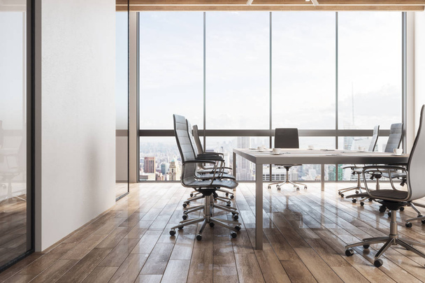Contemporary meeting room interior with copy space on concrete wall, furniture, wooden floor and panoramic city with sky view. 3D Rendering  - Photo, Image