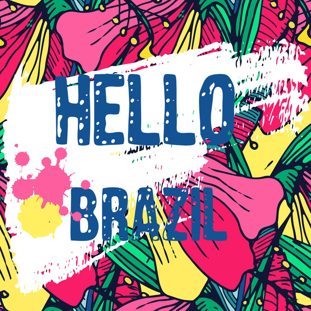 ブラジル カーニバルのポスター、グリーティング カード、パーティの招待状、バナーやチラシに描かれた多色熱帯背景とグランジ テクスチャを手します。ベクトル図 - ベクター画像
