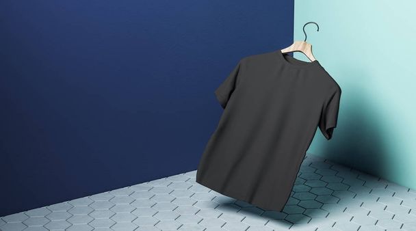 Abstrato levitando tshirt preta no cabide em concreto azul com sombra. Loja, tecido, moda e conceito de mockup. Renderização 3D
  - Foto, Imagem