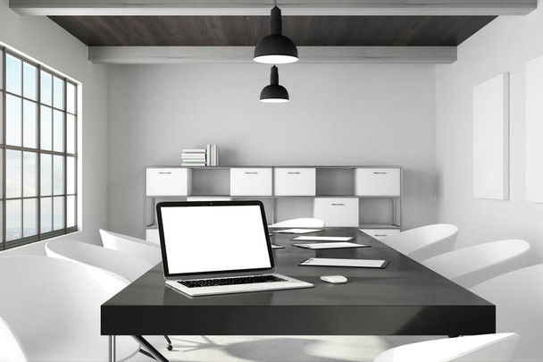 Корпоративный рабочий стол с пустым белым экраном ноутбука в современном интерьере офиса. Дизайн и рекламная концепция. Мокировка, 3D-рендеринг
  - Фото, изображение